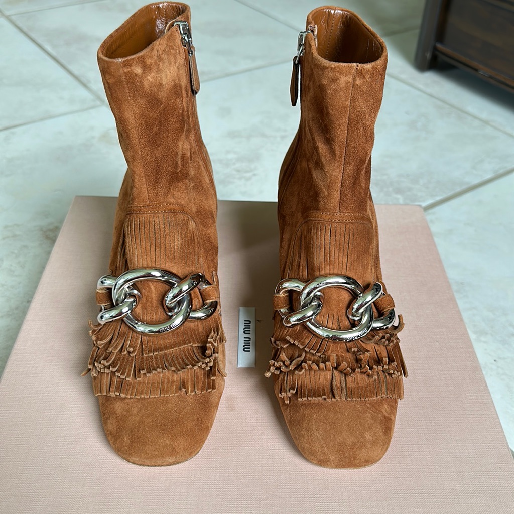Miu Miu Brown Suede Fringe Silver Chain Link Heel Ankle Booties